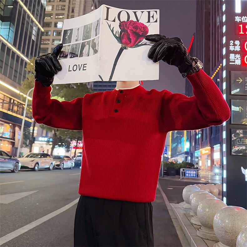 AM335/P98控138冬季社会小伙潮流百搭马年款纽扣打底毛衣男红首，男装T恤，星座305B-1