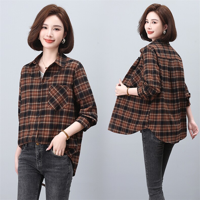 春装新款韩版翻领长袖中长款精品女装格子衬衫上衣宽松衬衣，女装衬衫，板酷