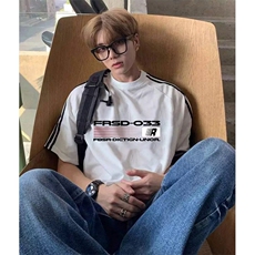 抖音得物高品质二开240克宽松纯棉美式潮牌三条杠织带短袖T恤，男装T恤，电商A486-1