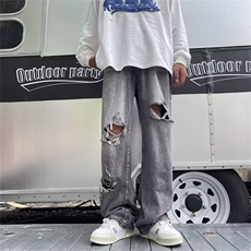 破洞牛仔裤男欧美vibe风痞帅直筒长裤夏秋季美式高街ins复古裤子，男装牛仔裤，星座601-2