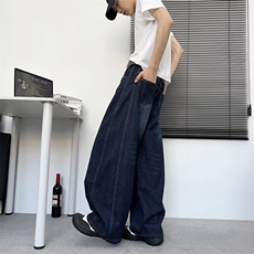 深蓝色水洗阔腿牛仔裤男春秋季baggy潮牌宽松休闲百搭直筒裤长裤，男装牛仔裤，星座601-1