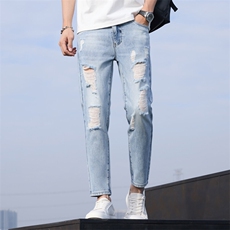 2025春季新款男士破洞牛仔裤蓝灰色修身小脚九分裤T819-P45，男装牛仔裤，星座1006-1