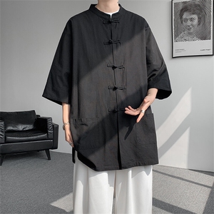 8XL-M 新中式衬衫男中山装麻棉风复古中袖衬衣唐装CS527P60图片