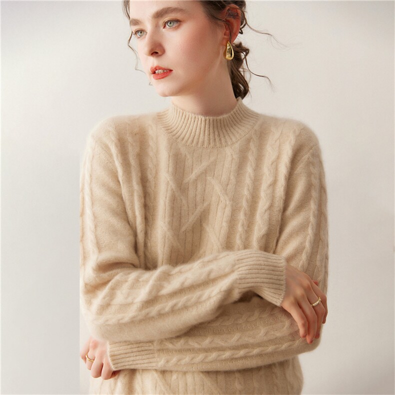 新款麻花半高领百搭针织衫简约风，女装针织衫/毛衣，广悦羊绒