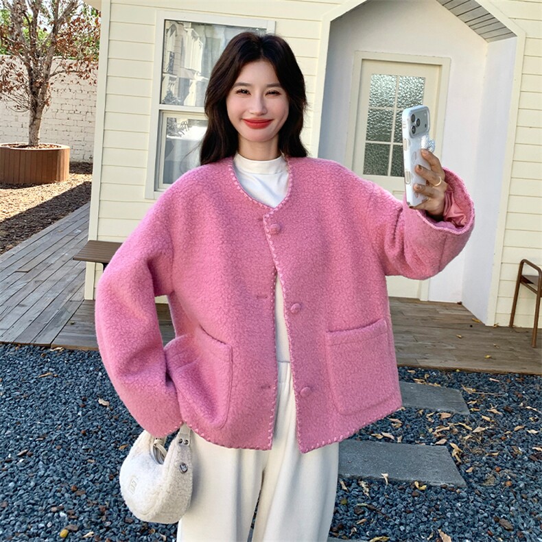 现货玫红色羊羔毛外套2C007-177-P195-k288,女装棉衣/棉服,2C007