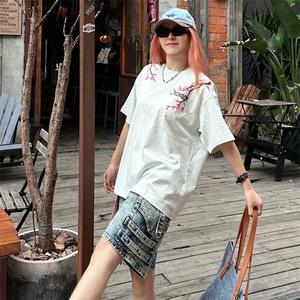 万针全刺绣工艺抖音得物高品质260克重磅纯棉双纱美式高街短袖T恤图片