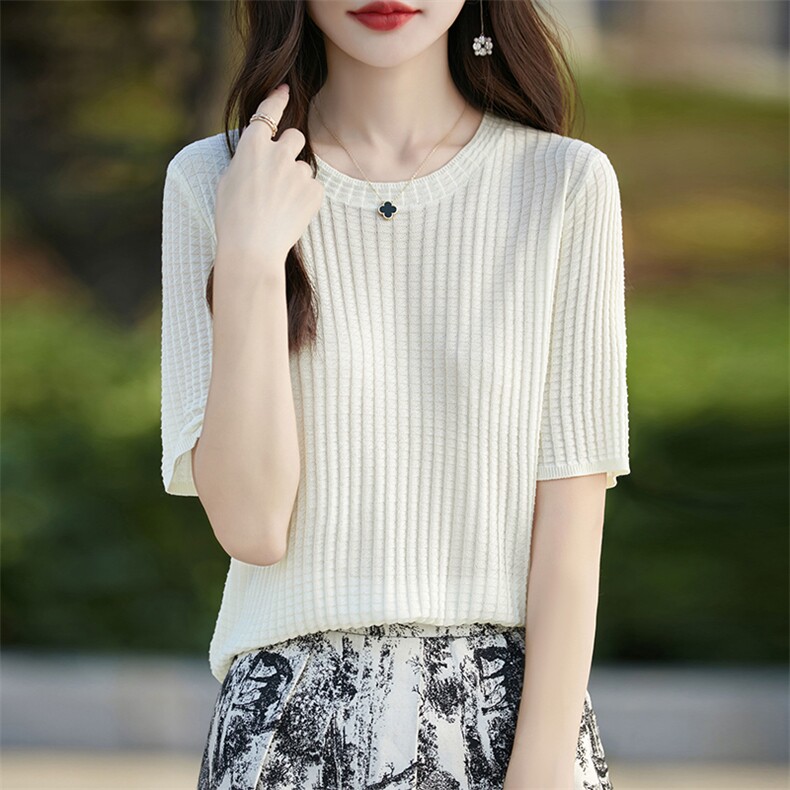 100%纯天丝短袖T恤女低圆领华夫格针织衫夏季新款显瘦气质半袖薄，女装T恤，暖烁羊绒
