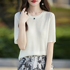 100%纯天丝短袖T恤女低圆领华夫格针织衫夏季新款显瘦气质半袖薄，女装T恤，暖烁羊绒