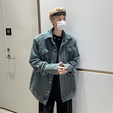 美式高街Vibe风复古蓝翻领纽扣牛仔外套男潮牌夹克情侣休闲外套男，男装夹克，星座601-2