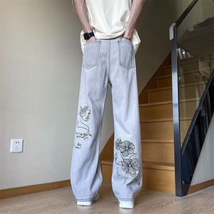 美式高街设计感印花牛仔裤男休闲潮牌痞帅小众做旧直筒裤7060/P48图片