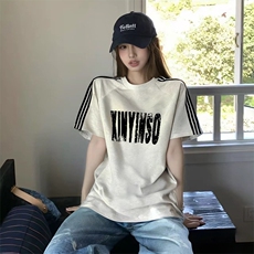 抖音得物品质二开240克宽松纯棉美式潮牌印花三条杠中性风短袖T恤，男装T恤，电商A486-1