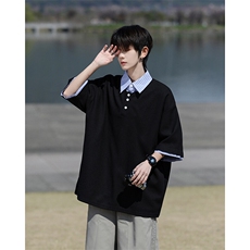 8XL-M假两件衬衫领短袖T恤大码夏季条纹拼接polo衫半袖DX1211/P45，男装T恤，电商B238