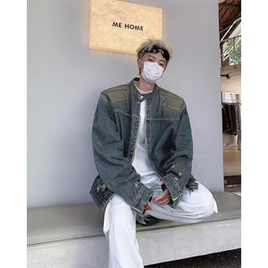 春秋日系刺绣水洗牛仔外套男BF风宽松立领工装上衣服夹克JKS114图片