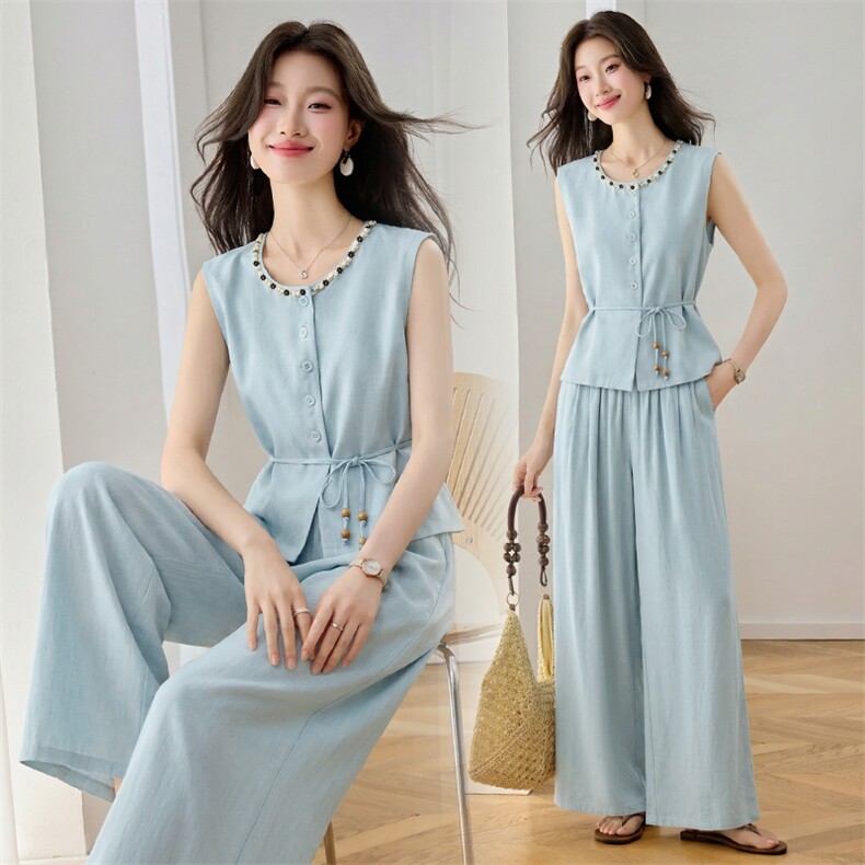 休闲时尚套装女夏季新款气质收腰无袖上衣阔腿裤两件套，女装套装/套裙，秀美人生