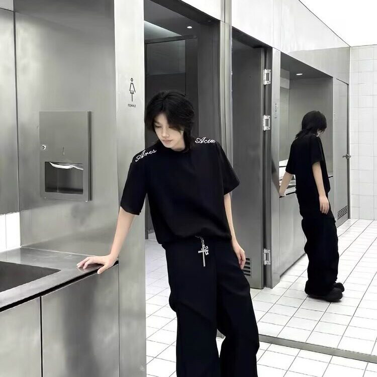 美式复古重工字母刺绣短袖T恤男女半袖潮流夏季潮牌HTX195,男装T恤,星座208-5