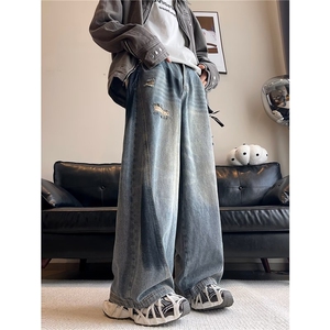 美式涂鸦牛仔裤高街复古vibe宽松阔腿直筒做旧男秋冬RK2262-P56图片