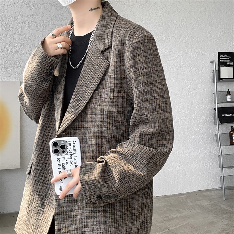 8XL-M美式复古格纹廓形西服外套男痞帅高级感休闲西装XF001P115，男装西服套装，电商B312