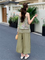 新中式套装女夏季2026流行印花无袖衬衫阔腿裤两件套，女装套装/套裙，丽影随形
