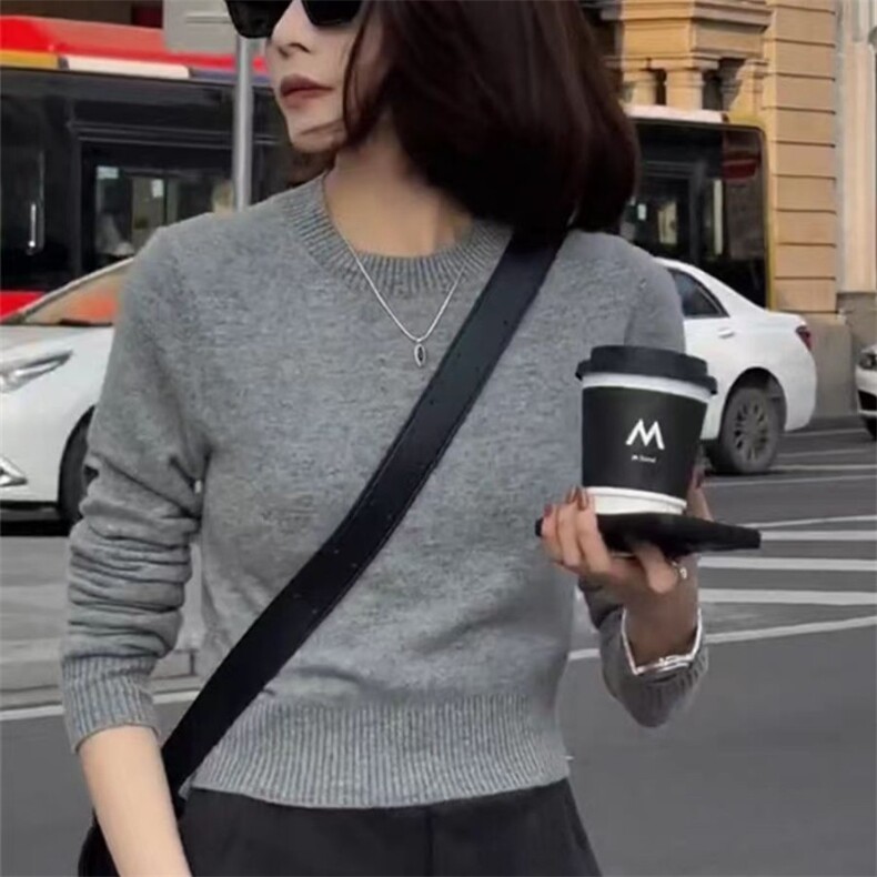 时尚百搭短款圆领羊毛衫简约显瘦女士针织毛衣秋季必备单品,女装羊毛衫,泰沅羊绒