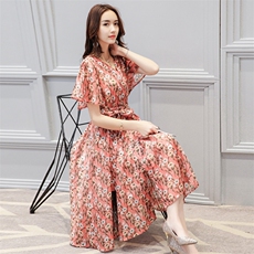 连衣裙2020年夏季长裙时尚显瘦修身花色潮流优雅简约V领，女装连衣裙，众宇琦