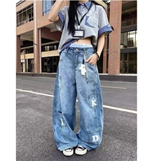 多口袋弯刀牛仔裤男女字母贴袋廓形休闲裤宽松垂感拖地裤NZY760，男装牛仔裤，星座516A
