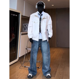 网图秋装翻领皮夹克外套男宽松情侣外套潮美式休闲工装JK404-P80图片