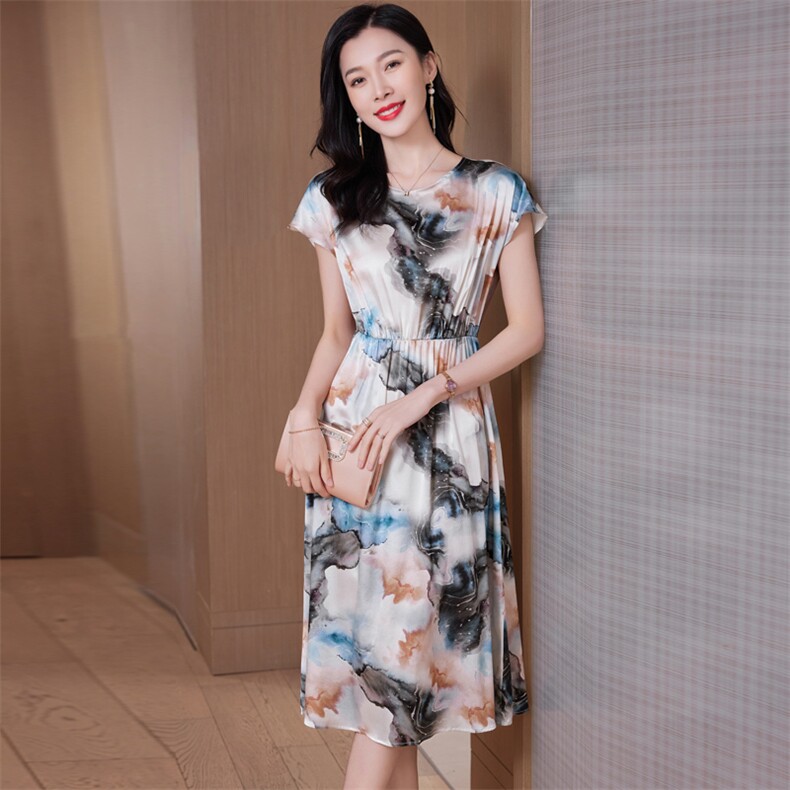 印花重磅真丝连衣裙女中长款2025新款年轻妈妈装系带桑蚕丝A字裙,女装连衣裙,阿舍尔精品