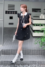 2025夏季法式千金小飞袖钉珠翻领连衣裙女中长款飞飞袖背心直筒裙，女装连衣裙，1C150