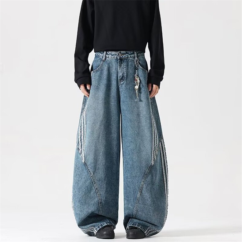 大码胖mm解构弯刀牛仔裤男女宽松条纹拼接阔腿坠感长裤RK3197-P53，男装牛仔裤，星座412-3