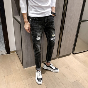 社会小伙印花字母破洞牛仔裤男韩版修身小脚裤潮xz905—917#—图片