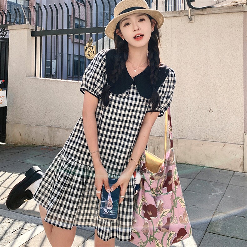 小个子娃娃领2026新款韩系格女夏纹连衣裙子182-8535P115K178，女装连衣裙，帛香坊