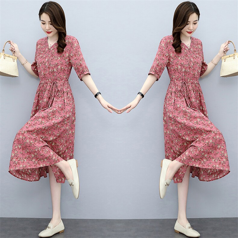 2021夏季新款简约时尚优雅气质V领休闲舒适抽绳碎花连衣裙,女装连衣裙,香水丽阁