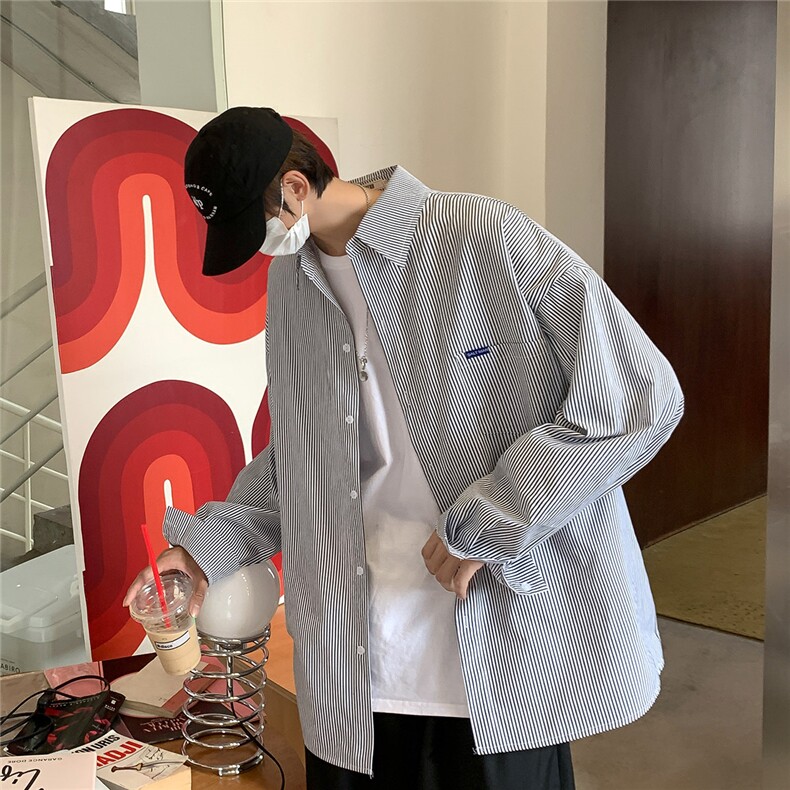 宝蓝色条纹衬衫男长袖春秋款宽松衬衣日系港风外套CS71745,男装衬衫,电商B413-1