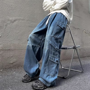 潮牌嘻哈水洗牛仔裤男款春秋季美式复古宽松直筒阔腿工装长裤,宽松小脚裤搭配什么长袖外套图片