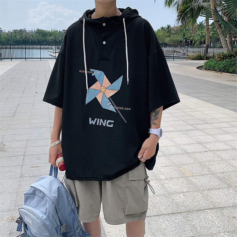 LD54112-P45连帽短袖t恤男大码胖子带帽五分袖中袖,男装T恤,电商A040