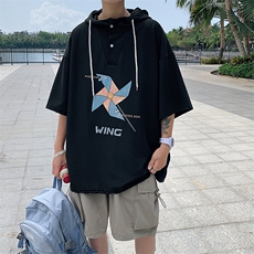 LD54112-P45连帽短袖t恤男大码胖子带帽五分袖中袖，男装T恤，电商A040