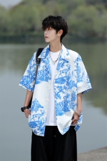 8XL-M天丝亚麻清爽晕染古巴领短袖衬衫男半截袖冰丝衬衣CS525P58，男装T恤，电商D206-1