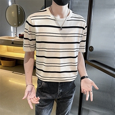 条纹短袖圆领T恤男港风潮流休闲打底衫男生圆领五分袖体恤上衣，男装T恤，星座506