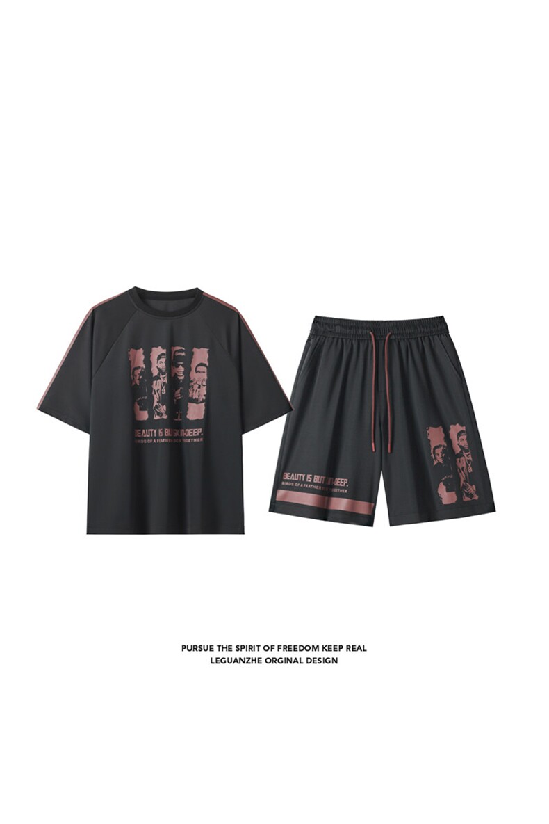 2025夏季新款港风白底大码冰丝印花短袖套装M-5XHQ25585-P60,男装休闲套装,电商A022