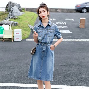 欧货牛仔连衣裙女中长款2025夏季薄款收腰显瘦时尚亮片衬衫A字裙图片