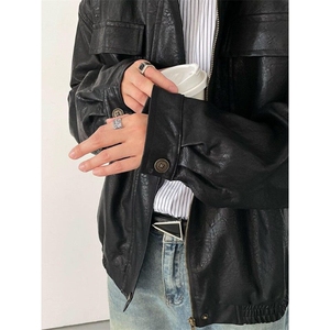 痞帅Pu皮衣小众双拉链垫肩皮夹克男机车服秋冬高街外套PW637