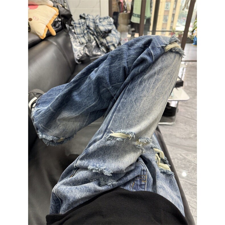 G3153HH-特P48闪电纹破洞牛仔裤美式高街cleanfit裤子直筒微喇裤,男装牛仔裤,星座1007（原301D）