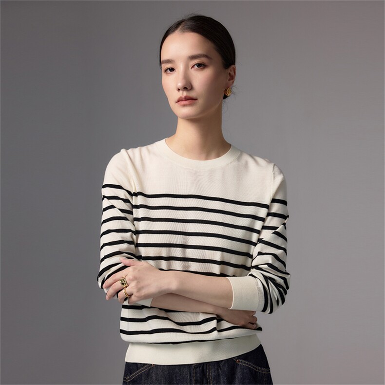 2025秋冬百搭时尚简约条纹圆领羊毛针织衫，女装羊毛衫，蚂蚁派对工厂直营店