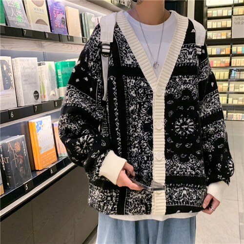 开衫毛衣男春秋潮牌ins韩版腰果花针织衫痞帅宽松外套MY9016-P50图片