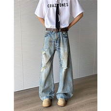 美式复古脏洗绣染做旧破洞牛仔裤男宽松直筒潮牌痞帅阔腿弯刀裤子，男装牛仔裤，星座601-1
