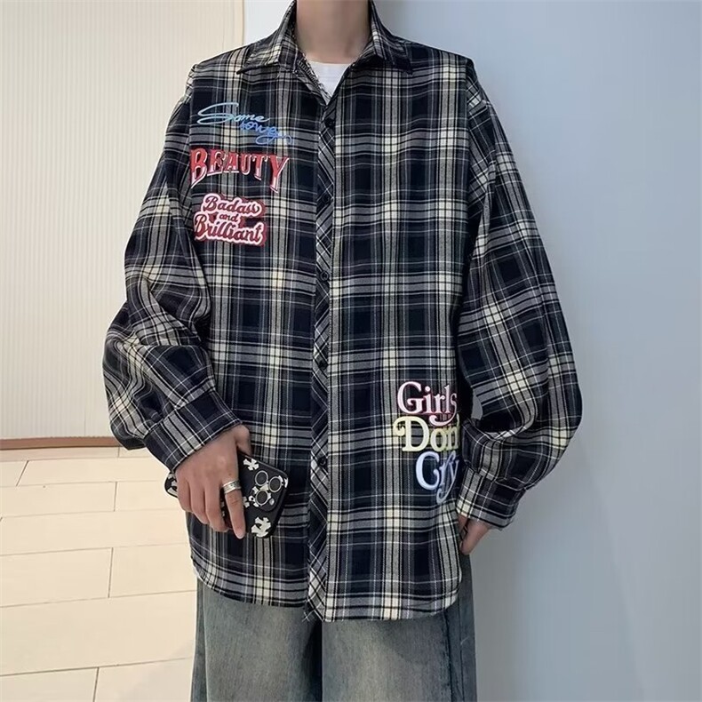 文艺长袖流行百搭潮圆领潮流新款格子日常标准衬衫男CS38-P43,男装衬衫,星座1109-3