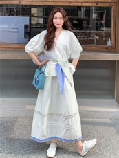 蓝色高级感衬衫套装裙女2025夏季新款巨好看气质绝美半身裙两件套，女装套装/套裙，慧尚依恋