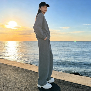 时尚休闲套装女春季新款宽松洋气减龄纯色圆领卫衣阔腿长裤两件套图片