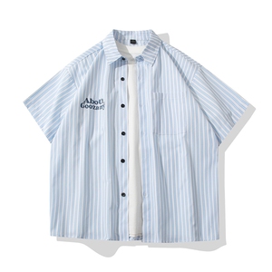 B413-1-DX018港风休闲复古短袖衬衫男宽松百搭潮流日系印花衬衣服图片