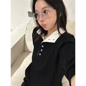 8804-P71 设计感小众新款时尚款假两件双层领翻领撞色休闲毛衣图片